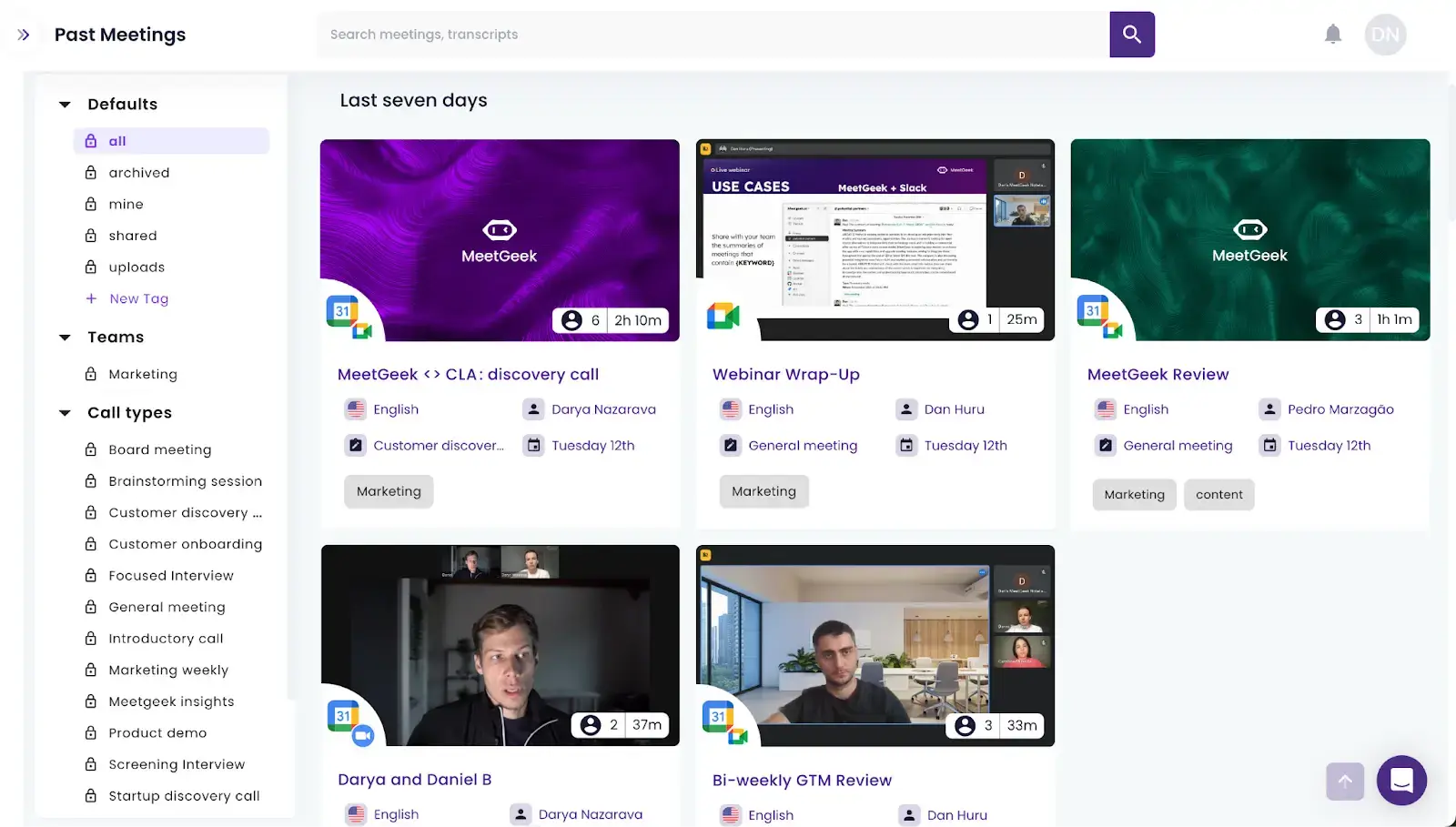 MeetGeek's searchable meeting library