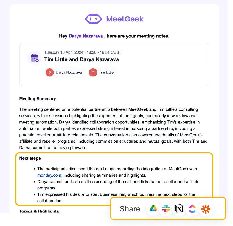 MeetGeek automatic meeting notes and next steps