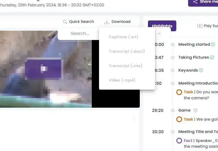 Options to download captions, transcript in different versions, or video file on MeetGeek
