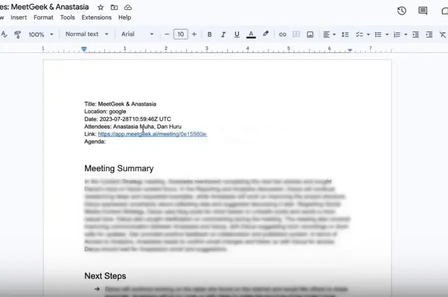 Google Docs of meeting summary for meeting between MeetGeek and Anastasia