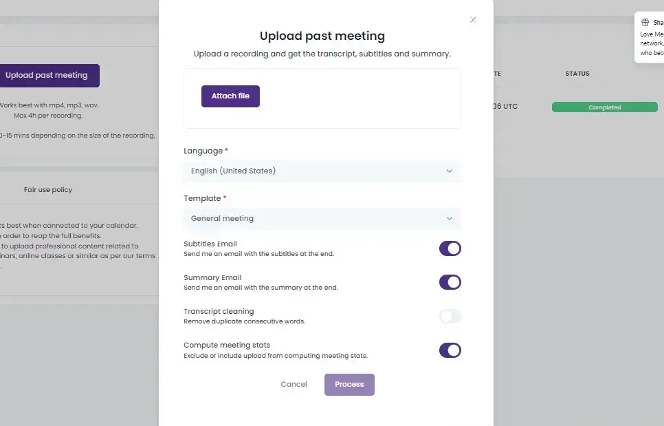 Window to upload audio file to get transcription on MeetGeek