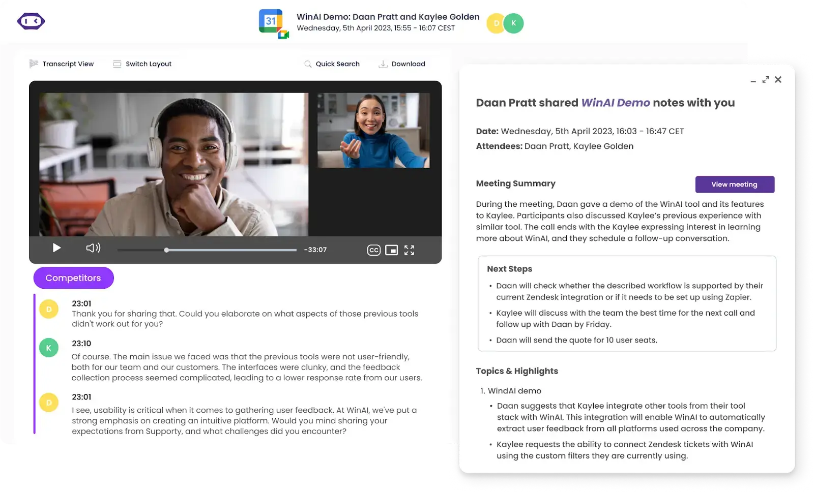 Automatic Google Meet transcription, notes, summary, and highlights with MeetGeek