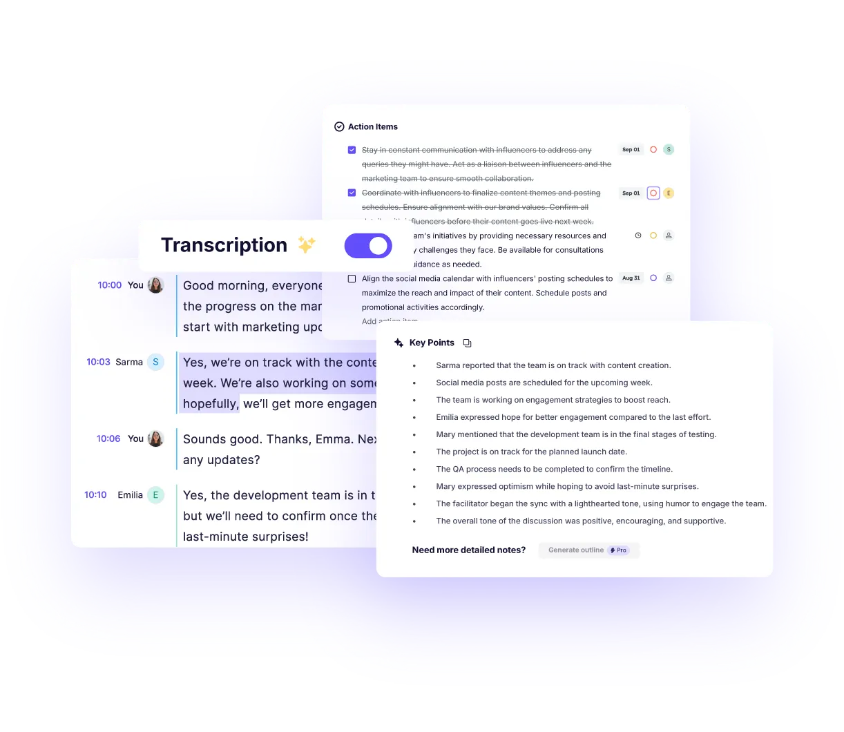 Krisp AI action items, key points, and transcription