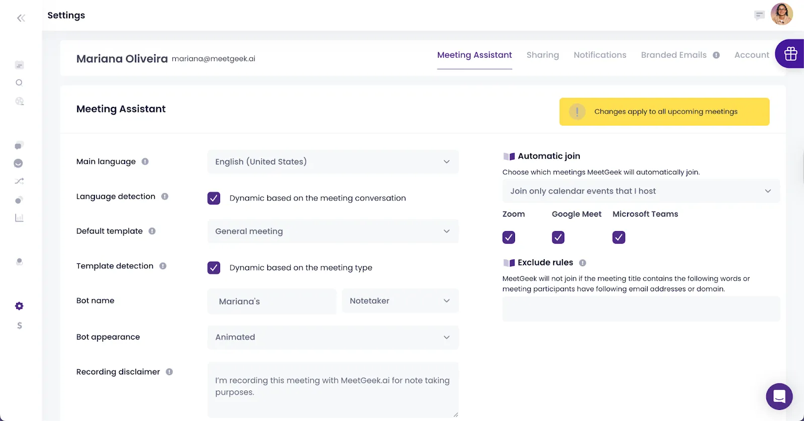 MeetGeek meeting assistant settings