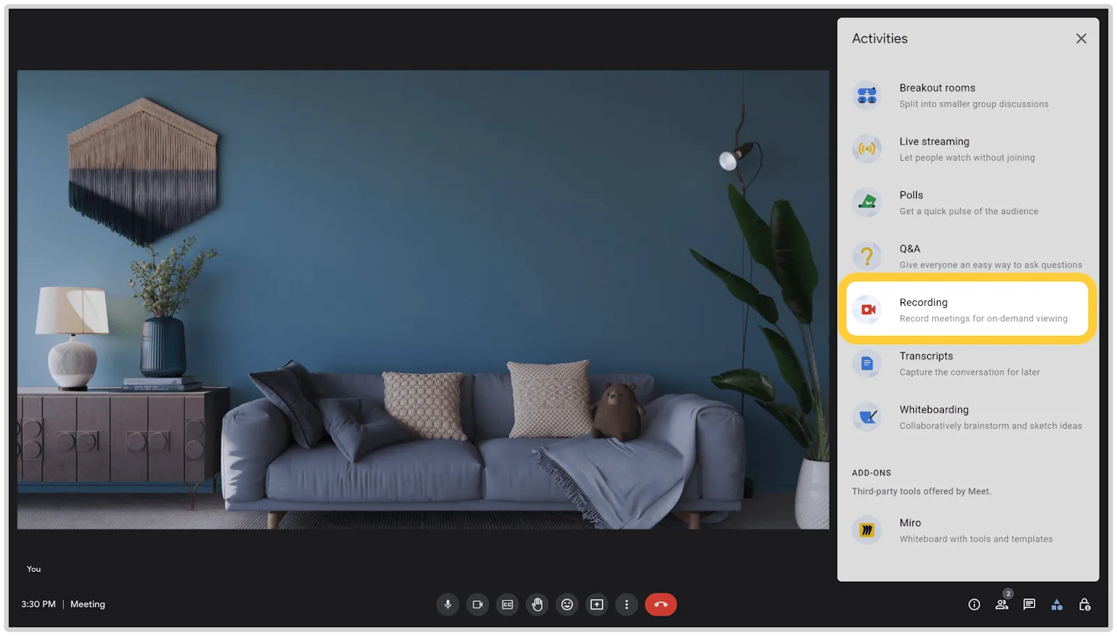 Google Meet Recording option from Activities menu