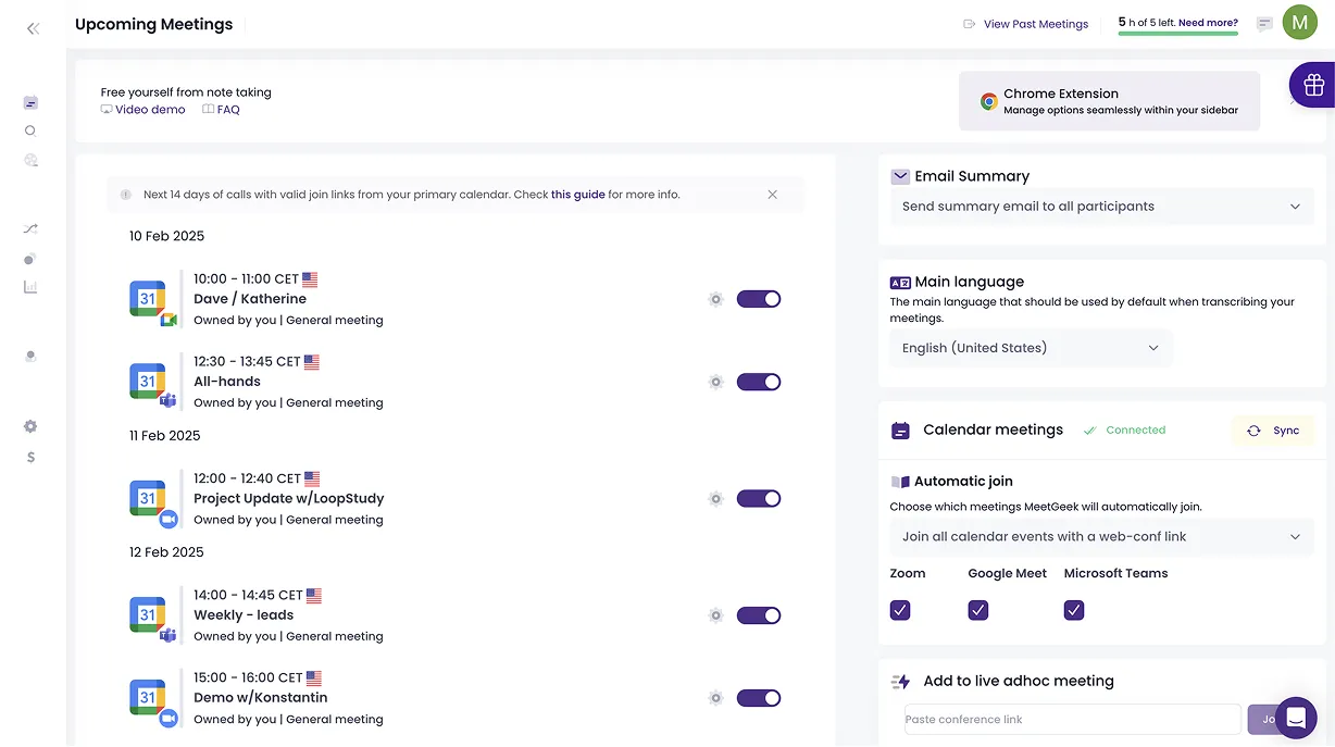 MeetGeek Upcoming Meetings page