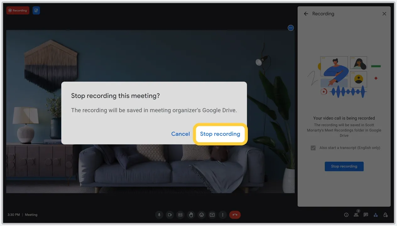 Google Meet stop recording button