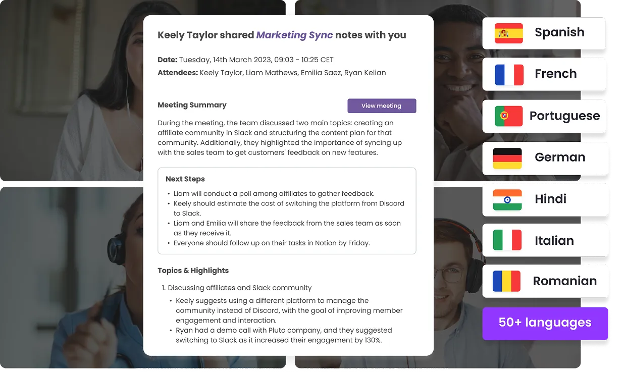 MeetGeek summary, next steps, topic and highlights, with supported languages