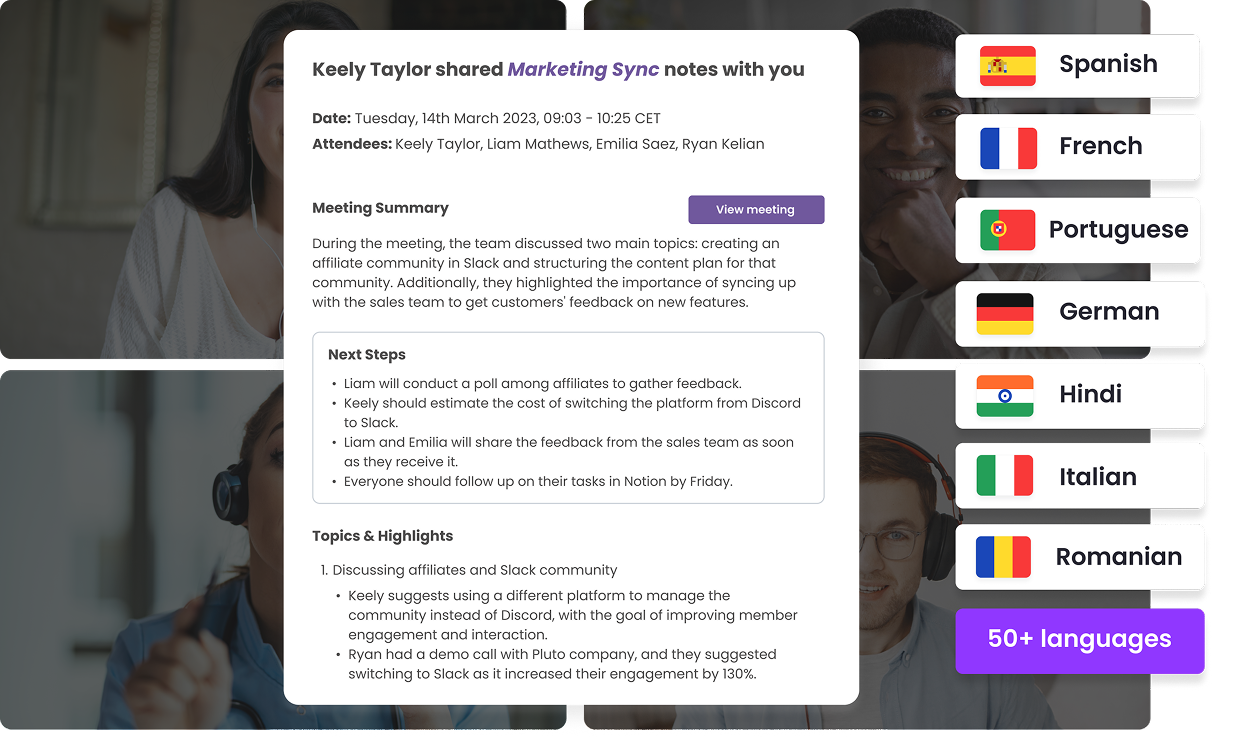 MeetGeek meeting summary and highlights with language options
