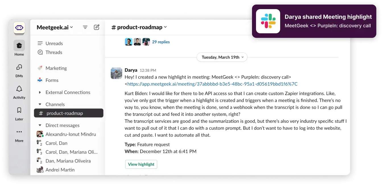 AI meeting assistant integration with slack