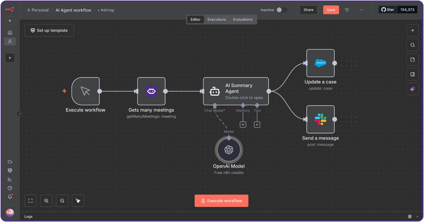 n8n dashboard showing MeetGeek connected to agent node, pushing data to Salesforce and Slack