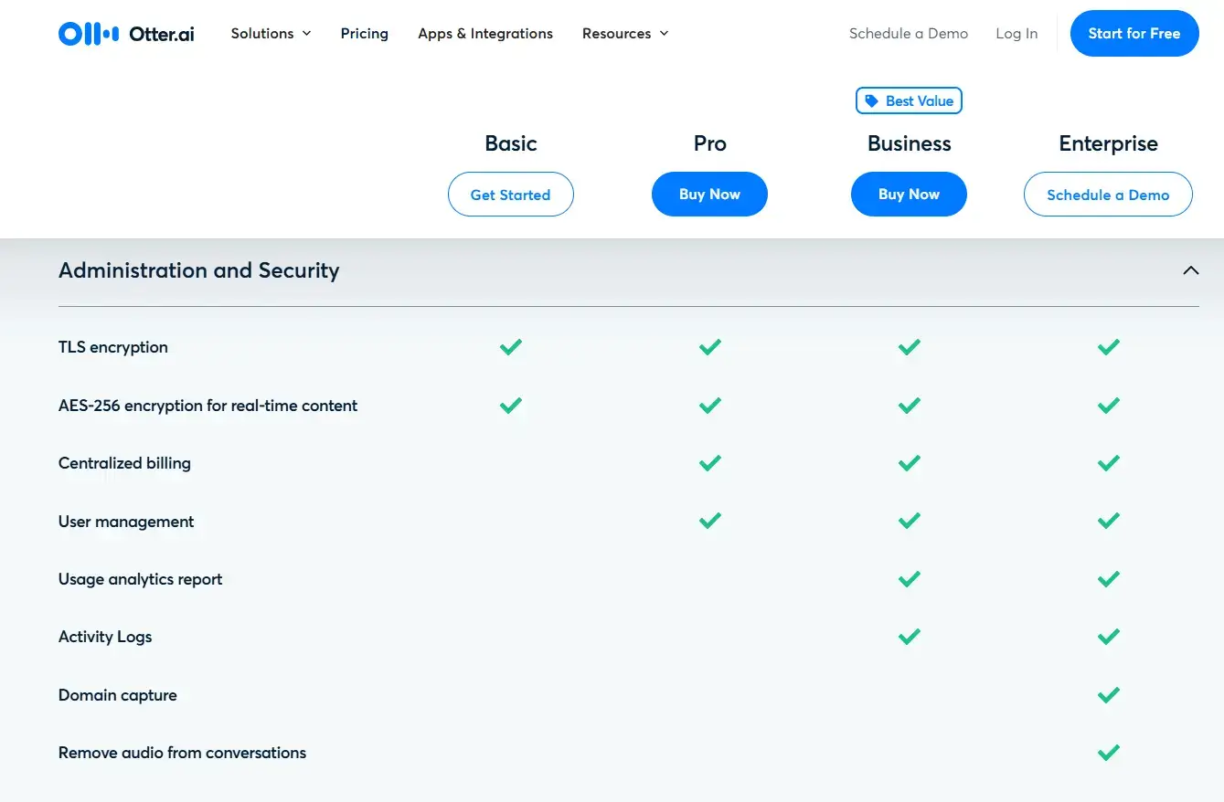Otter AI pricing - Enterprise plan