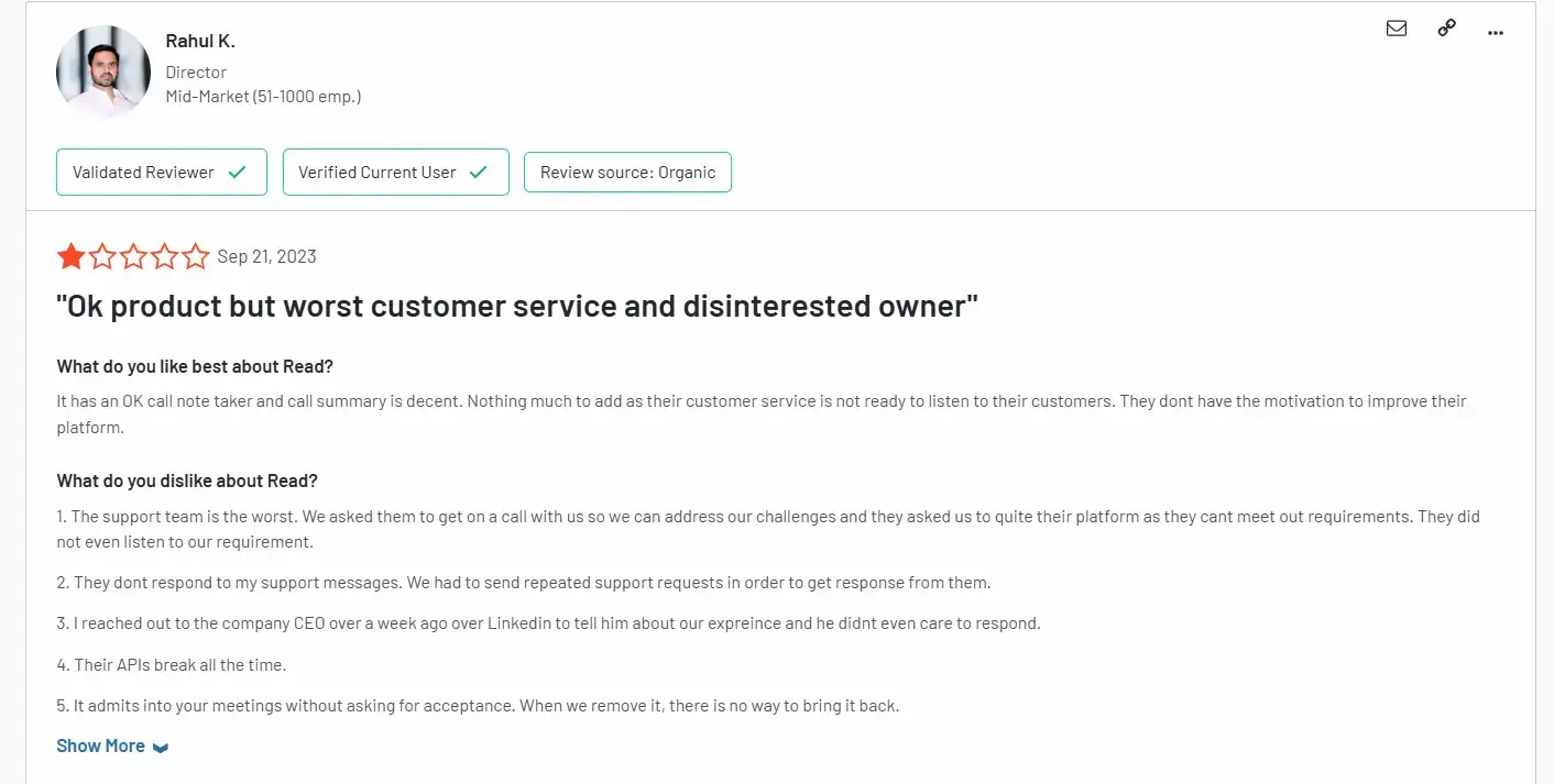 Read AI has poor customer support