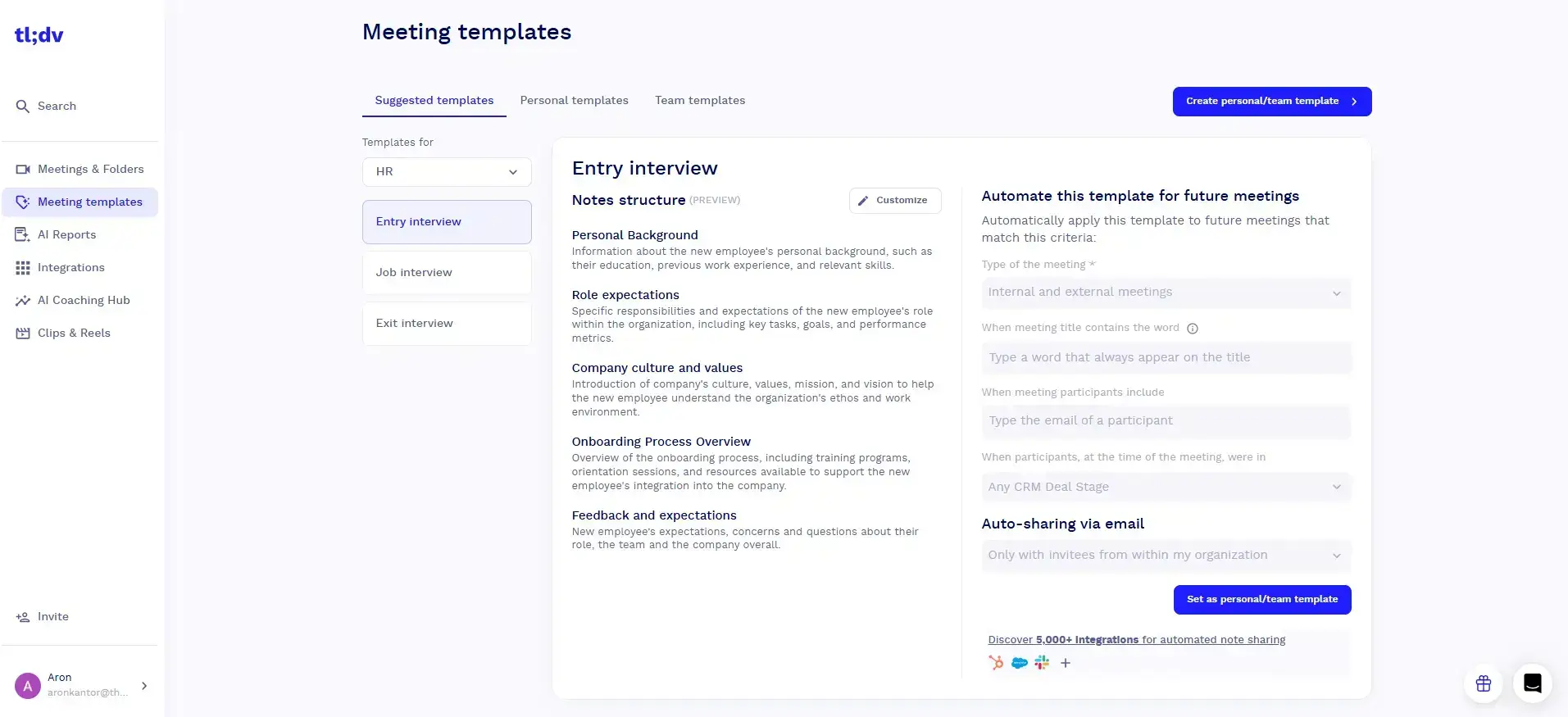 Tl;dv’s user interface