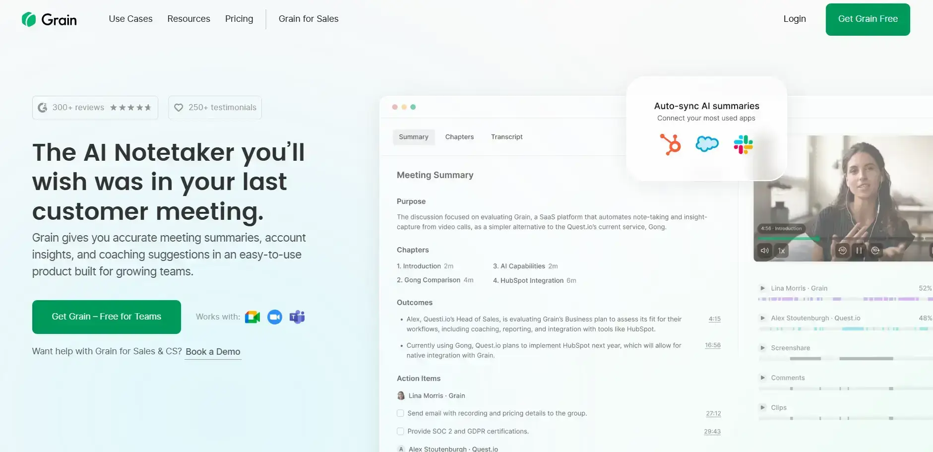 Grain is a good Fathom AI alternative for Google Meet, Webex, Microsoft Teams, and Zoom calls